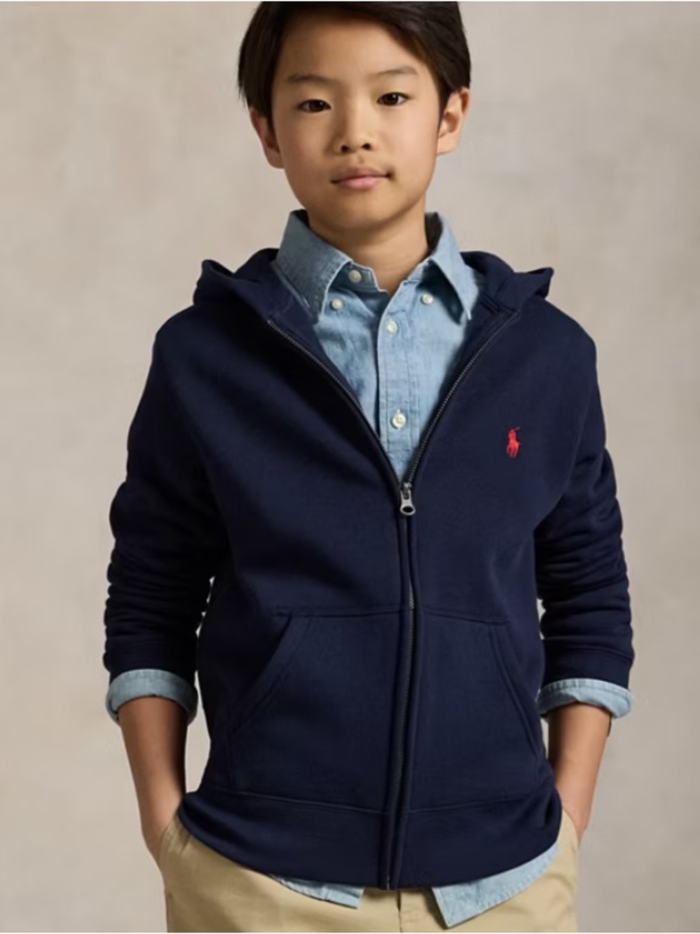 POLO RALPH LAUREN Big Kids Navy Blue Fleece Full-Zip Hoodie | L 14-16